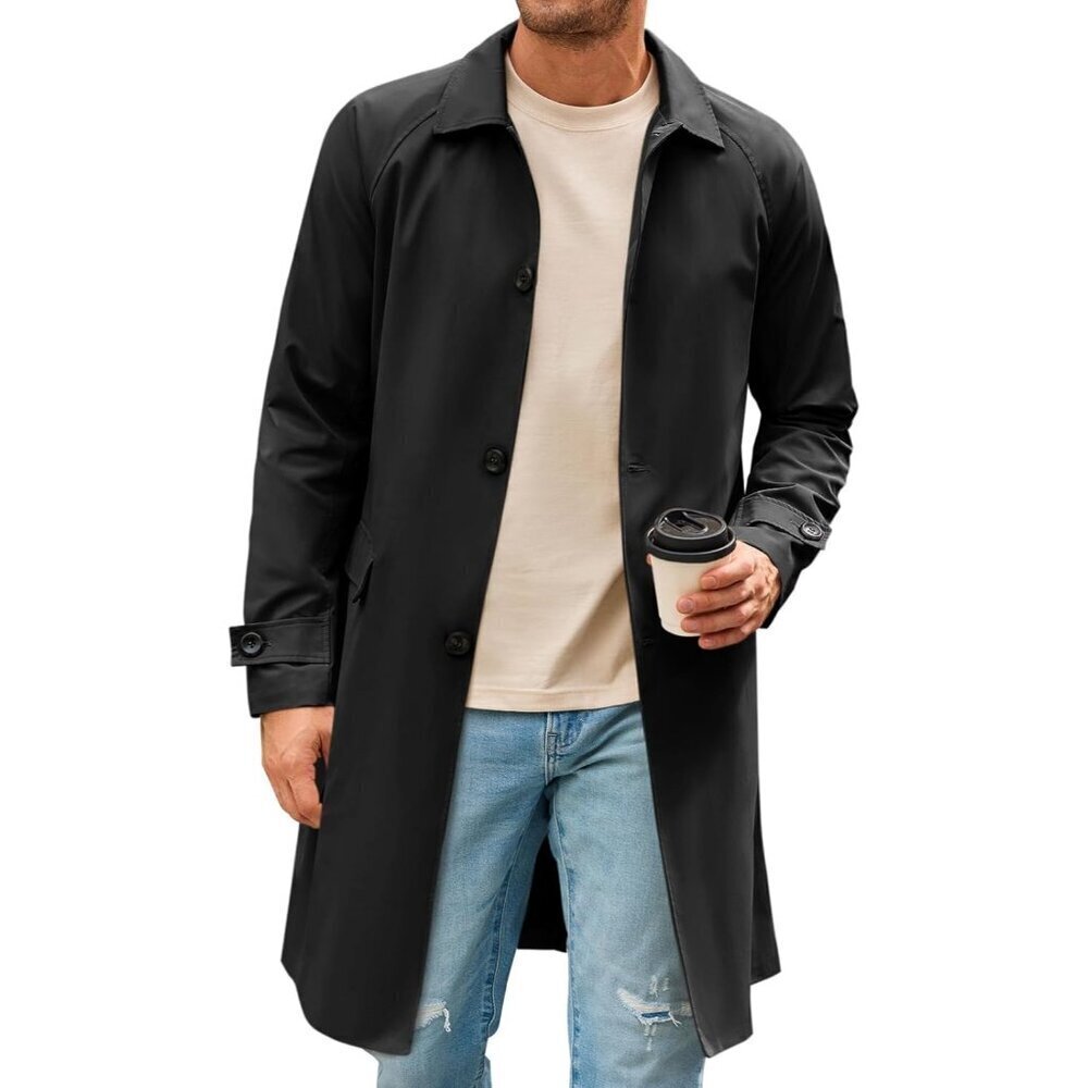 🆕Mens Black Slim Fit Single Breasted Long Windbreaker Jacket Trench Coat